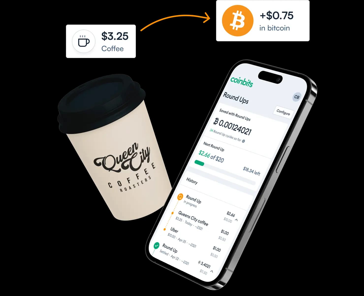Roundup Cup showing Bitcoin savings